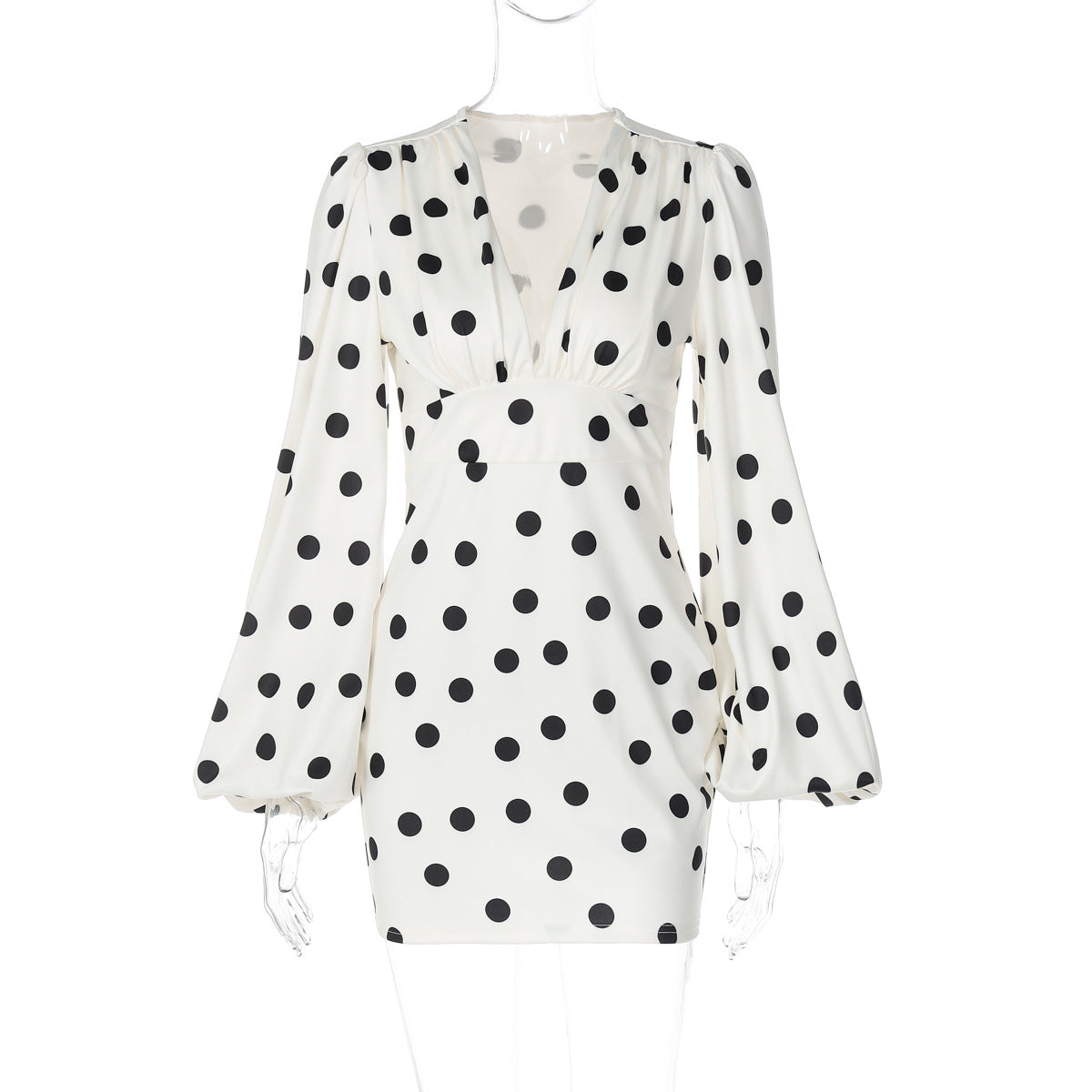Fashion Polka Dot Printed Deep V Bodycon Dress with Bell Sleeves