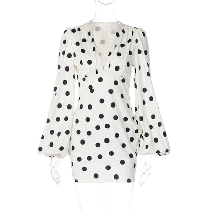 Fashion Polka Dot Printed Deep V Bodycon Dress with Bell Sleeves