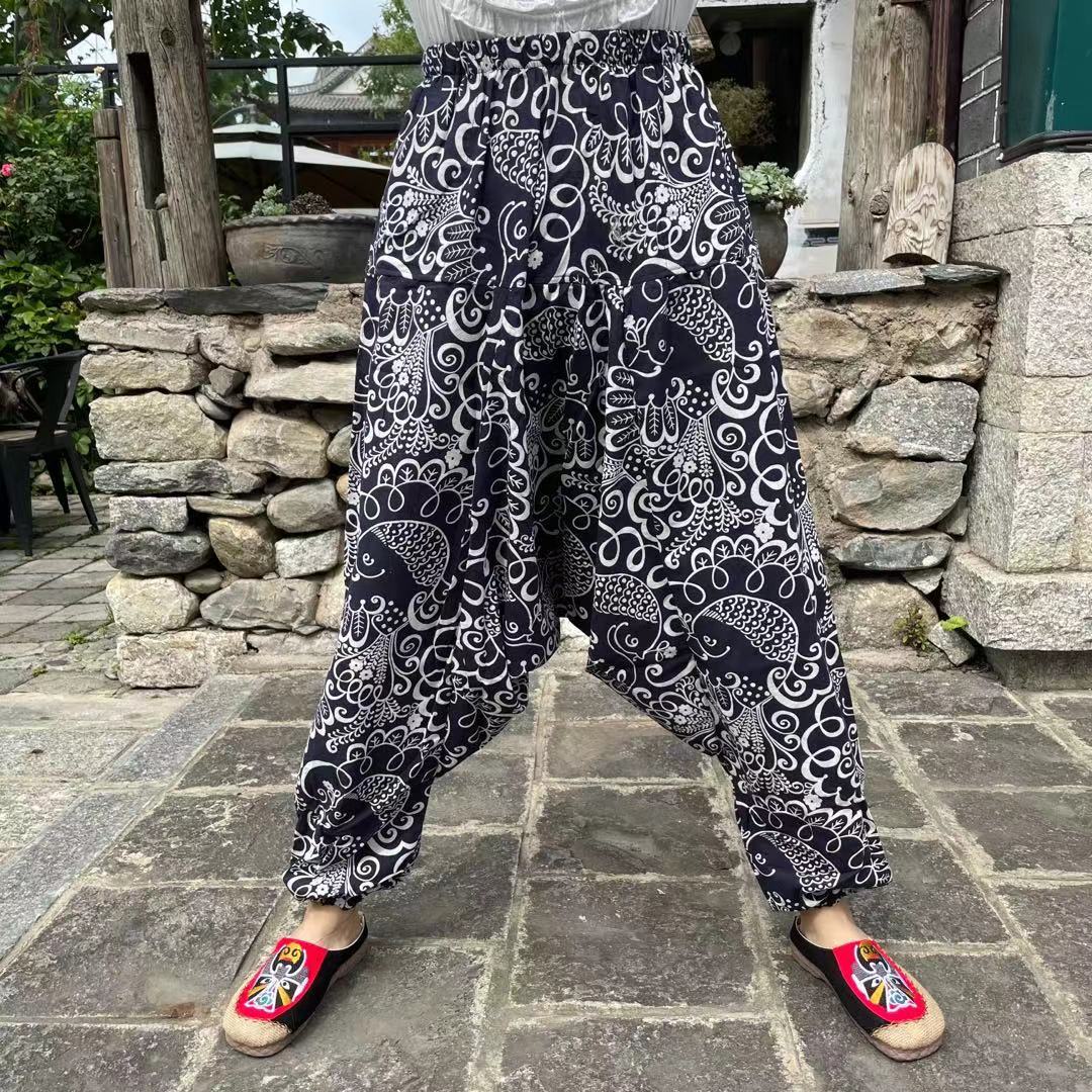 Ethnic Style Summer Men'S And Women'S Same Large Crotch Pants Cotton And Linen Printed Casual Lantern Trousers