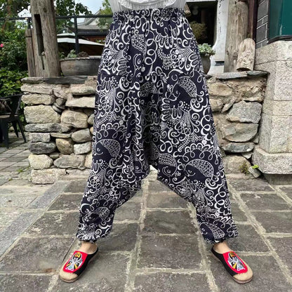 Ethnic Style Summer Men'S And Women'S Same Large Crotch Pants Cotton And Linen Printed Casual Lantern Trousers