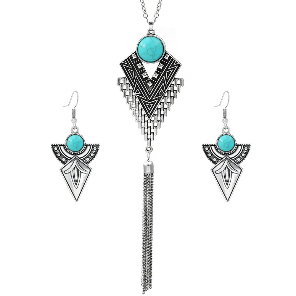 Retro Ethnic Long Pendant Necklace and Earring Set with Turquoise Accents