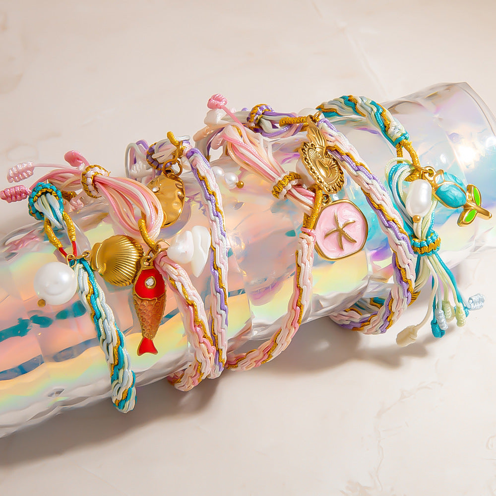 Colorful Hand-Woven Tassel Bracelet with 18K Gold Shell Pendant