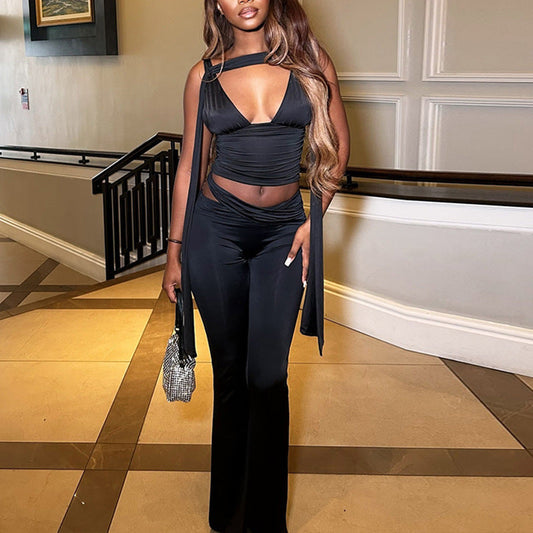 Cropped Solid Color Sleeveless V-Neck Top & Pants Set