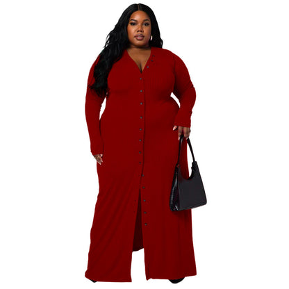 Plus Size Women'S V-Neck Split Hem Dress Stylish Casual A-Line Dress