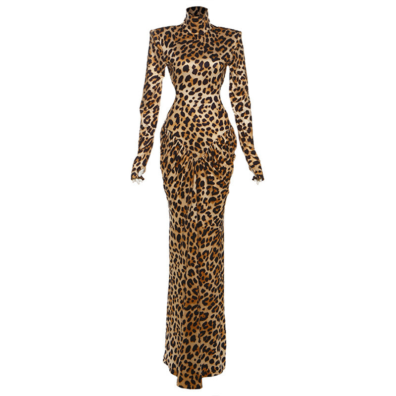 Fashionable Sexy Backless High Neck Long Sleeve Bodycon Dress With Leopard Print
