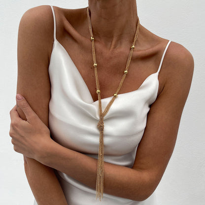 Fashionable Long Metal Chain Tassel Necklace With Geometric Design