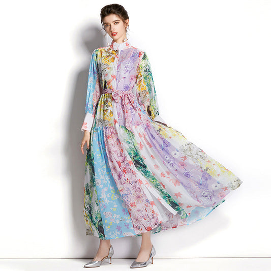 Dresses Spring And Summer Women'S Fashion Temperament Long Sleeve Print Shirt Long Skirt Tie Skirt
