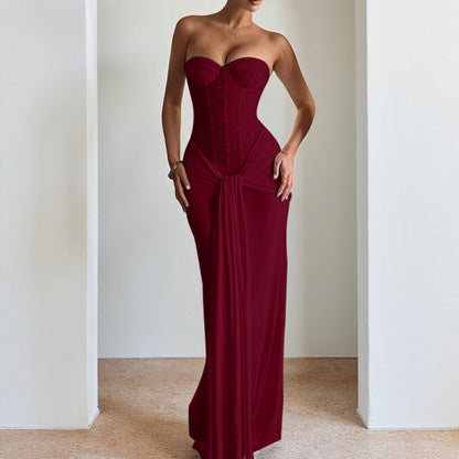 Elegant Strapless Maxi Dress with Waist Detailing