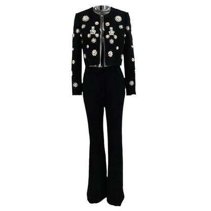 Pearl Beaded Short Jacket And Flared Pants Set