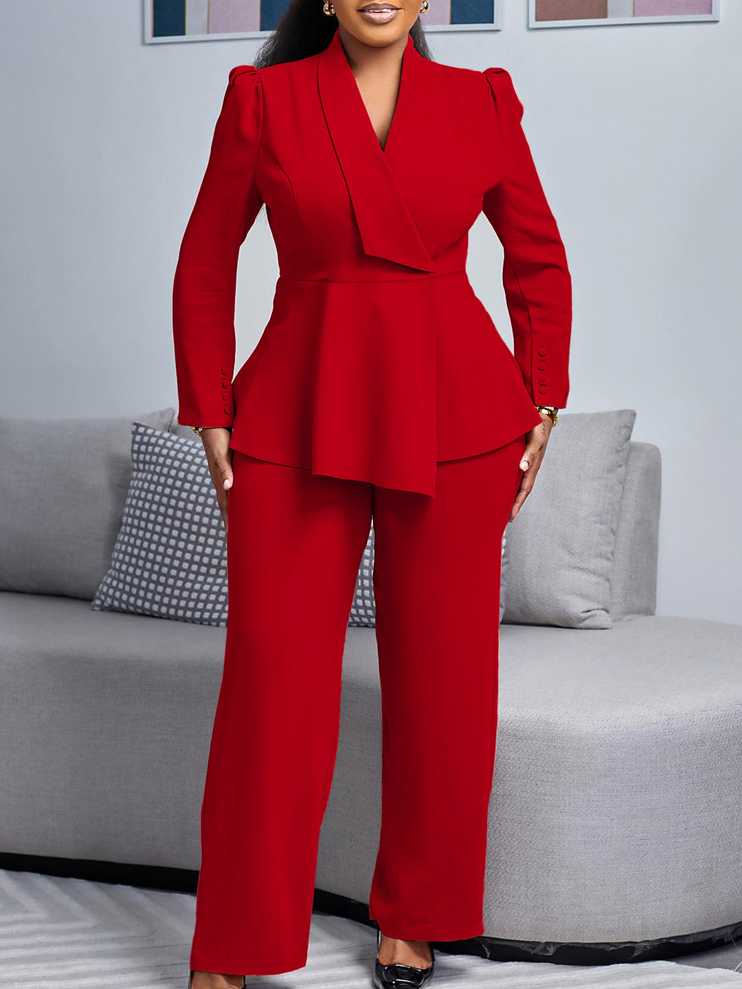 Elegant Ruffle Top And Wide Leg Pants Set For Women