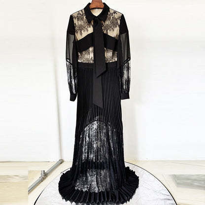 Lace Pleated Maxi Dress Elegant Casual Style