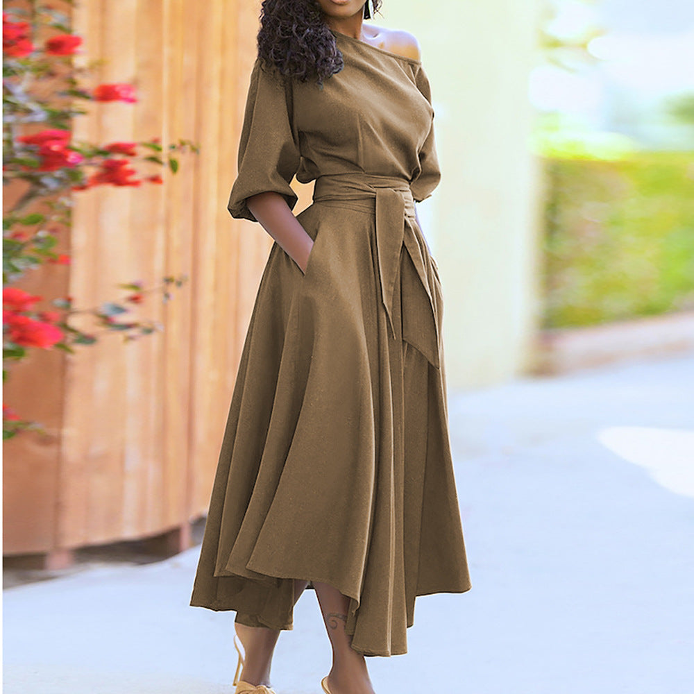 Slant Shoulder Maxi Dress With Tie Waist