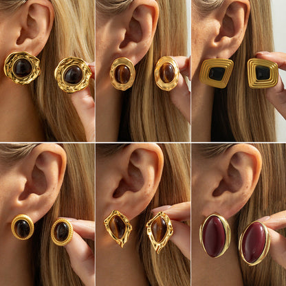 Geometric Tiger Eye Stone Earrings Trendy Alloy Metal Studs