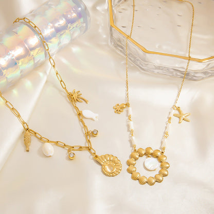 Ocean-Inspired Stainless Steel Seashell Necklace with Crystals