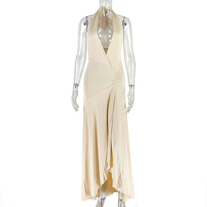 Solid Color Bodycon Dress V-Neck Ruched Midi Dress