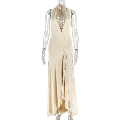 Solid Color Bodycon Dress V-Neck Ruched Midi Dress