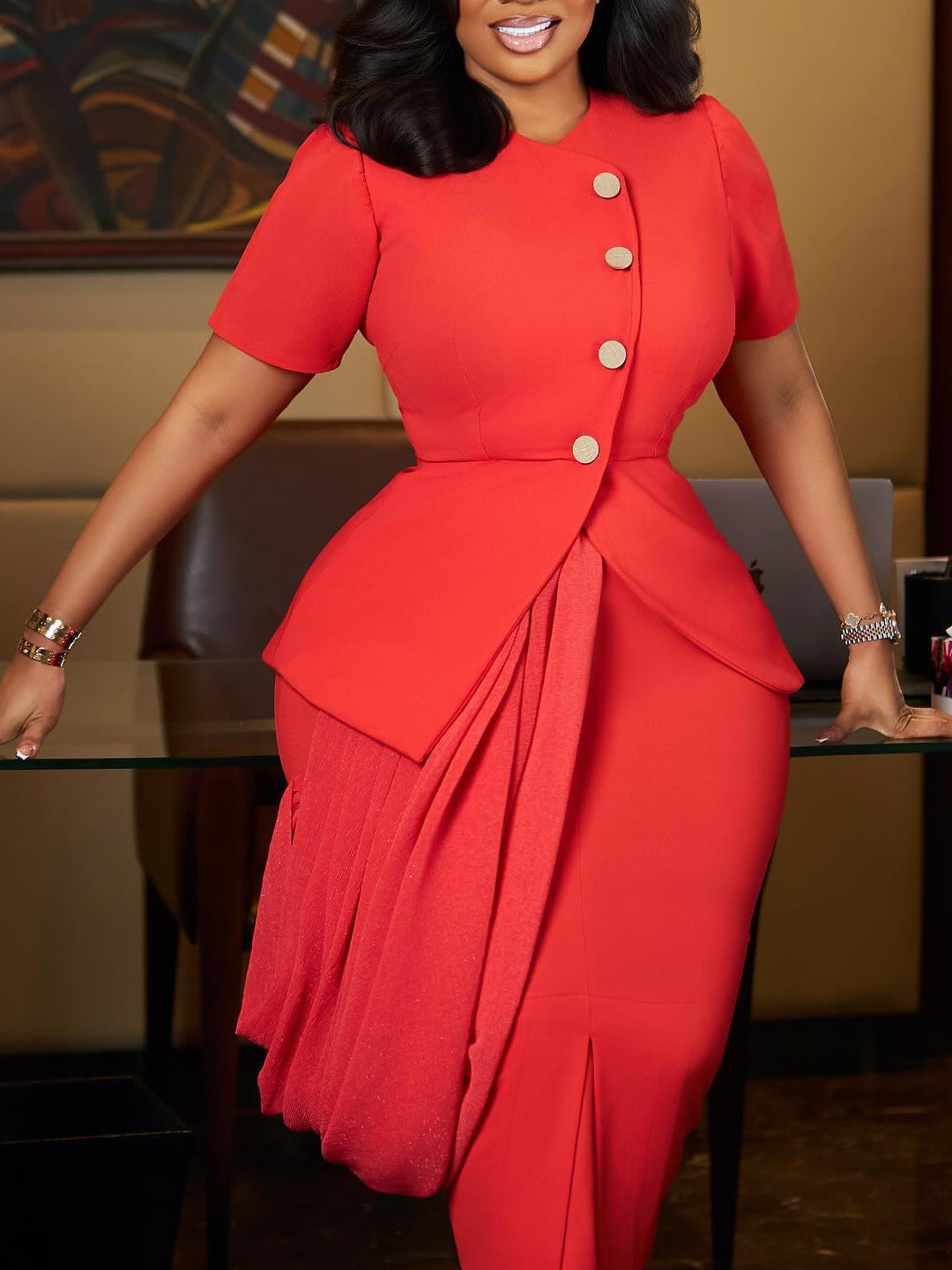 Stylish Elegant Two-Piece Outfit Including Top And Midi Skirt