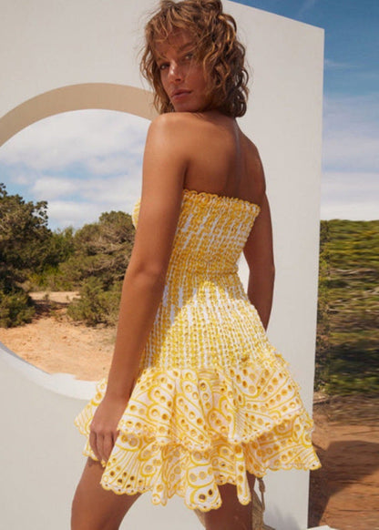 Strapless Smocked Embroidered Cotton Mini Dress