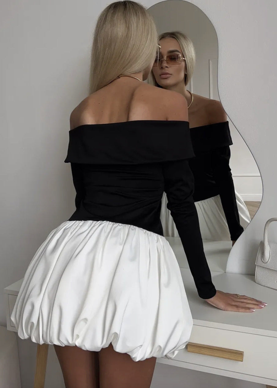 Off Shoulder Balloon Mini Dress Premium Fabric