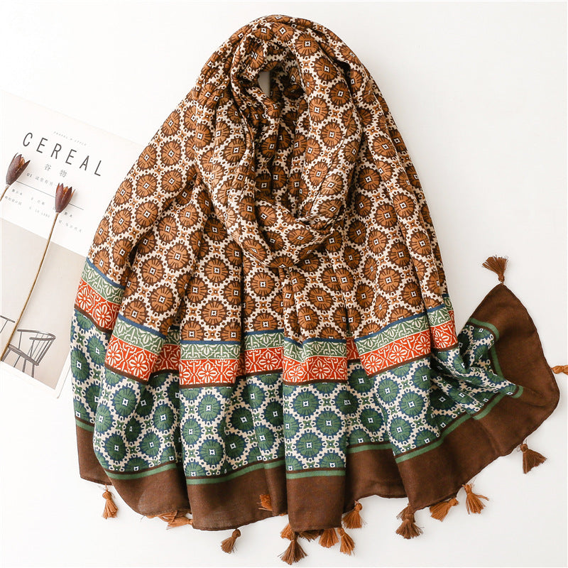 Autumn And Winter Thickened Warmth Scarf Satin Cotton Positioning Copper Money Grass Braided Silk Scarf Cotton Hemp Hand Feel Sunscreen Shawl
