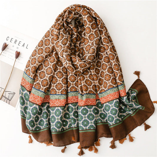 Autumn And Winter Thickened Warmth Scarf Satin Cotton Positioning Copper Money Grass Braided Silk Scarf Cotton Hemp Hand Feel Sunscreen Shawl