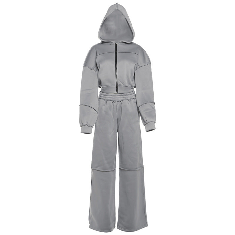 Hooded Long Sleeve Zip-Up Jacket And Loose Trousers Set
