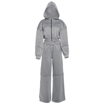 Hooded Long Sleeve Zip-Up Jacket And Loose Trousers Set