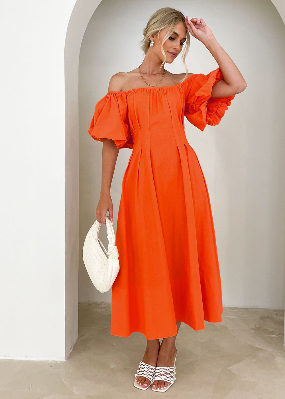 Off Shoulder Puff Sleeves Midi Dress