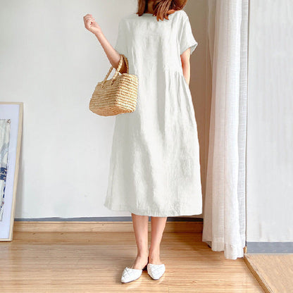 Cotton And Linen Solid Color Plus Size Dress Women'S Summer Loose Japanese Mid-Length Skirt Women