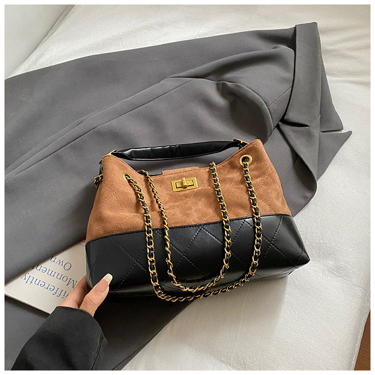 Large Capacity Color Block Retro Suede Shoulder Bag