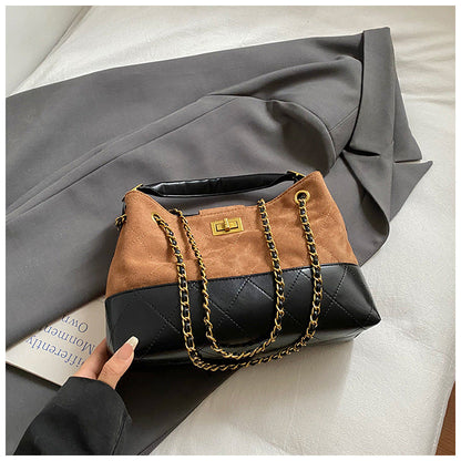 Large Capacity Color Block Retro Suede Shoulder Bag