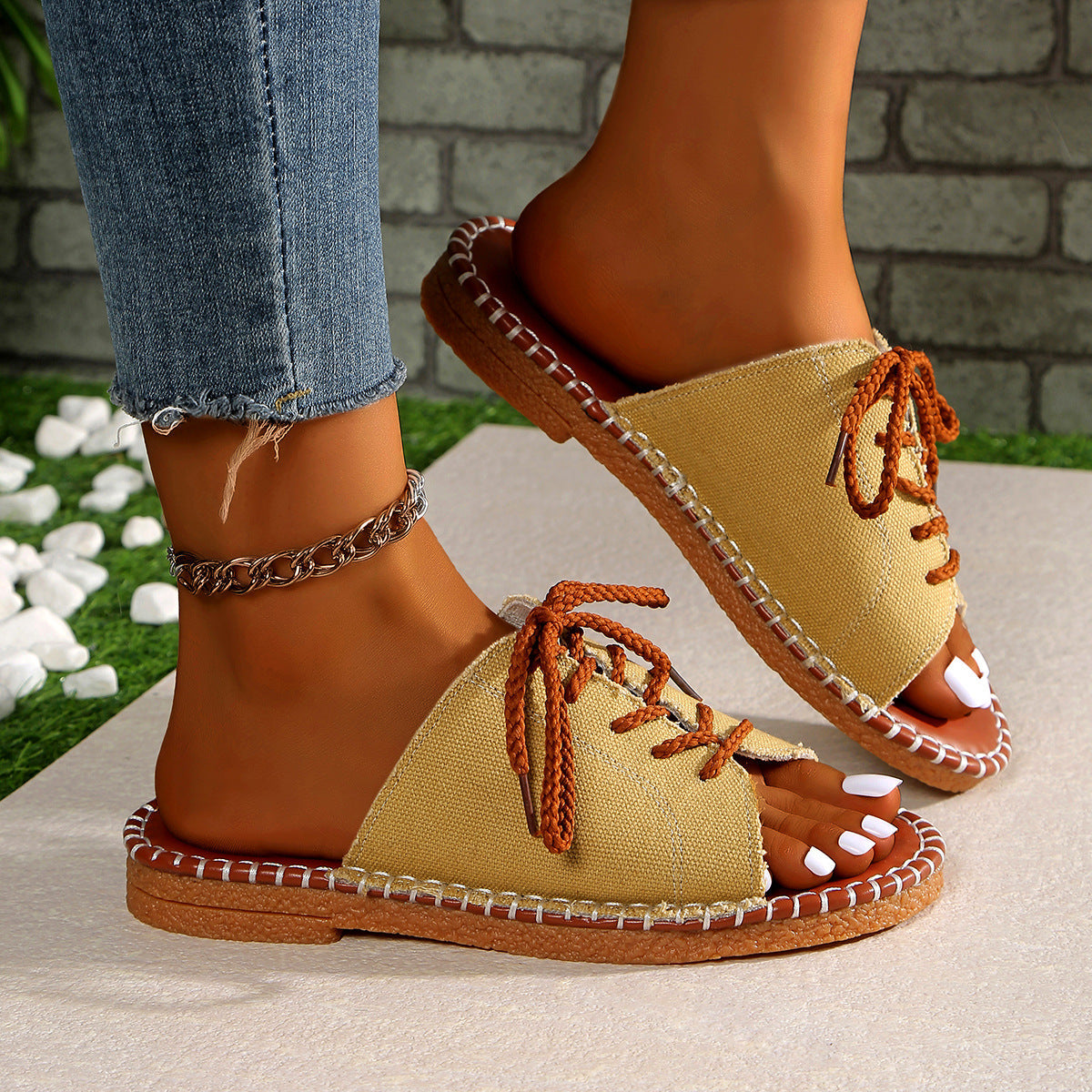 Large Size Beef Tendon Sole Cross Strap One-Word Strap Cool Slippers Summer Beach Women'S Shoes Sandal