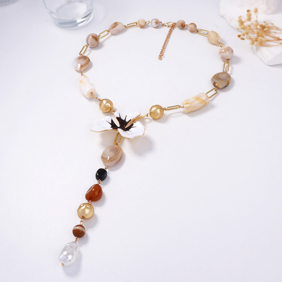 Elegant Enamel Flower Y Shaped Gold Necklace