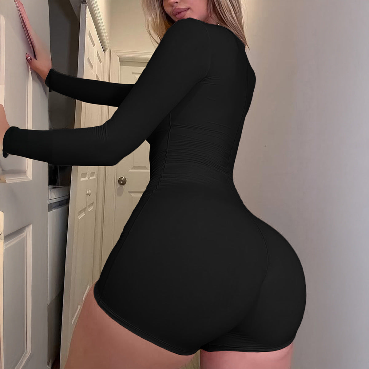 Women's Long Sleeve Bodysuit with Shorts in Solid Colors