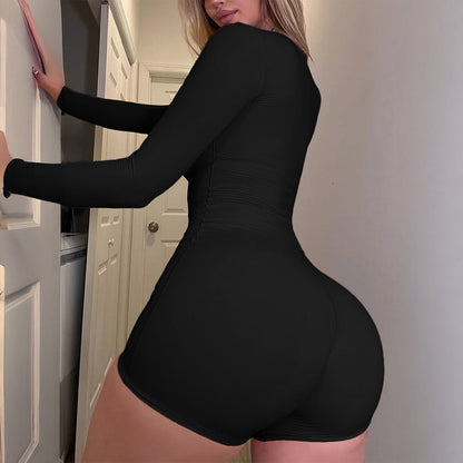 Women's Long Sleeve Bodysuit with Shorts in Solid Colors