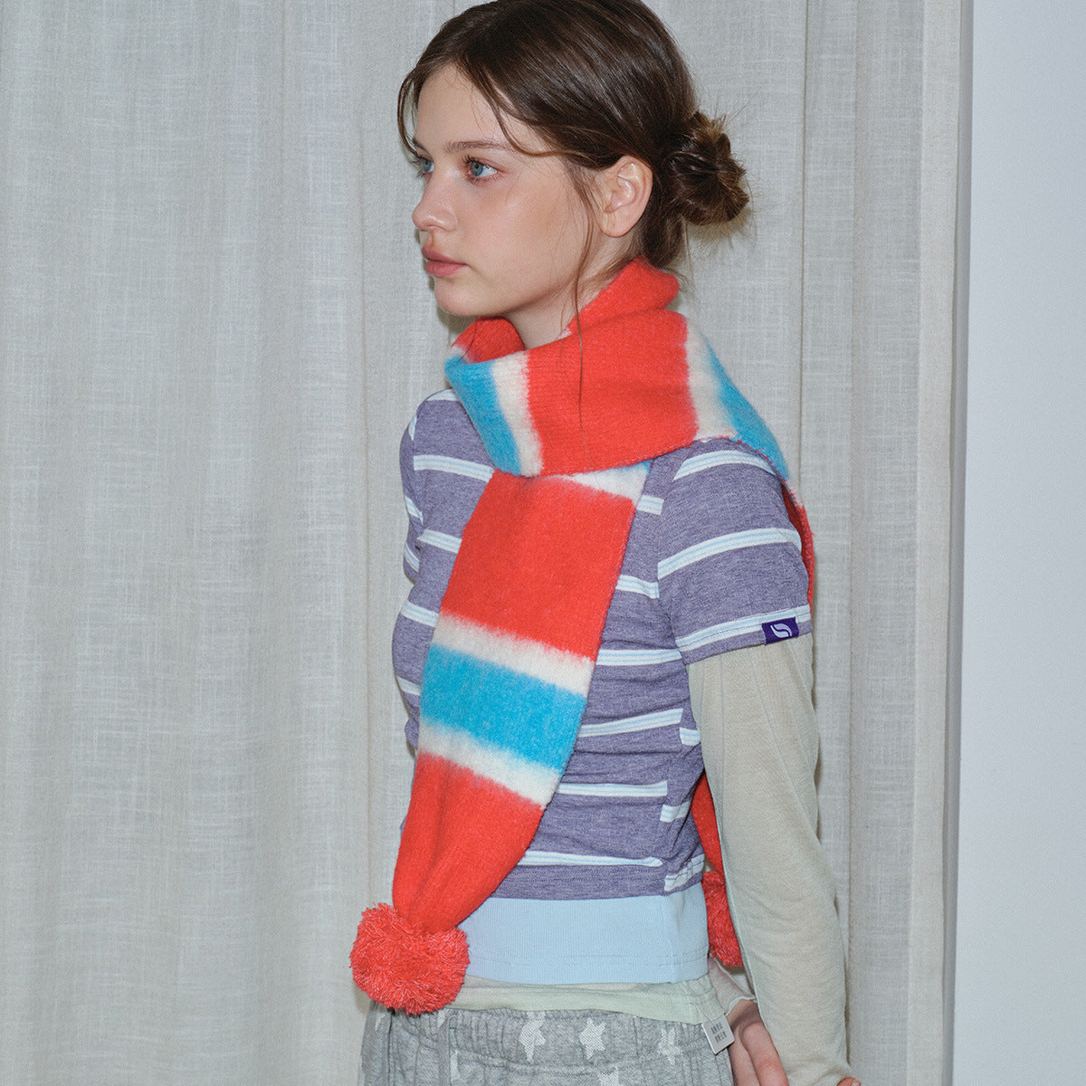 Striped Knit Scarf with Pom Poms for Women