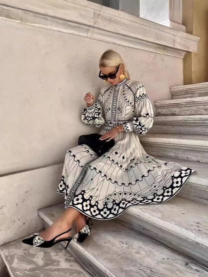 Casual Retro Lantern Sleeve Belted Linen Dress