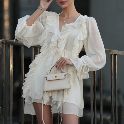 French Ruffle Tie Waist Dress V-Neck Long Sleeve A-Line