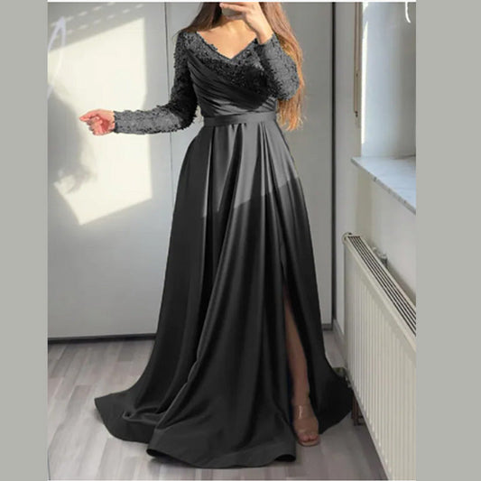 Lace A-Line Long Dress In Black And Dark Green