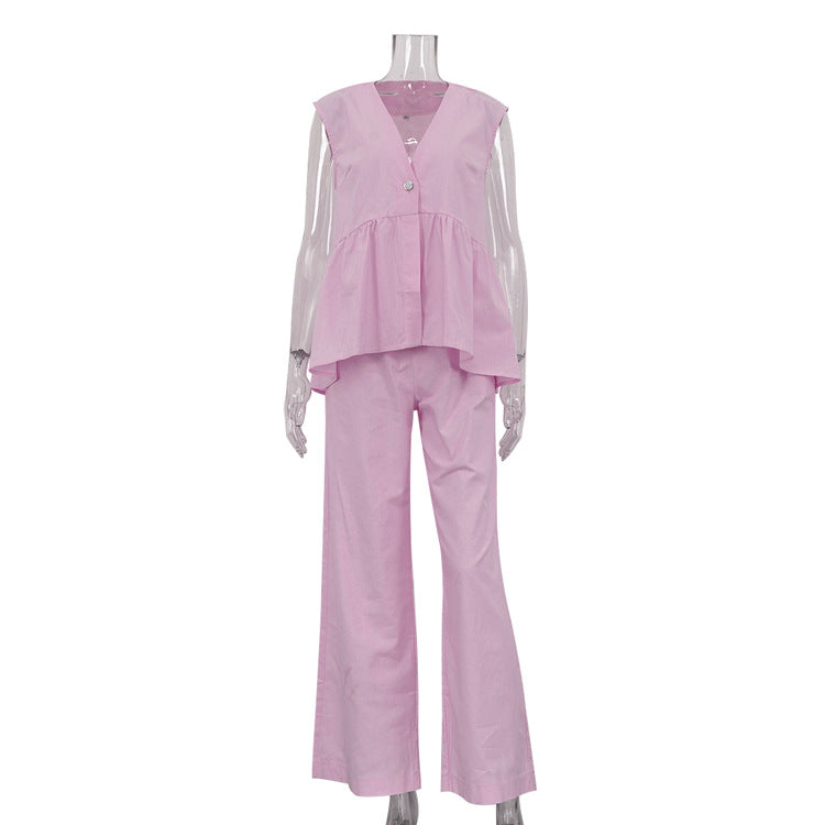 Cotton V-Neck Sleeveless Top and Long Pants Set for Women