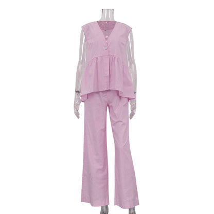 Cotton V-Neck Sleeveless Top and Long Pants Set for Women