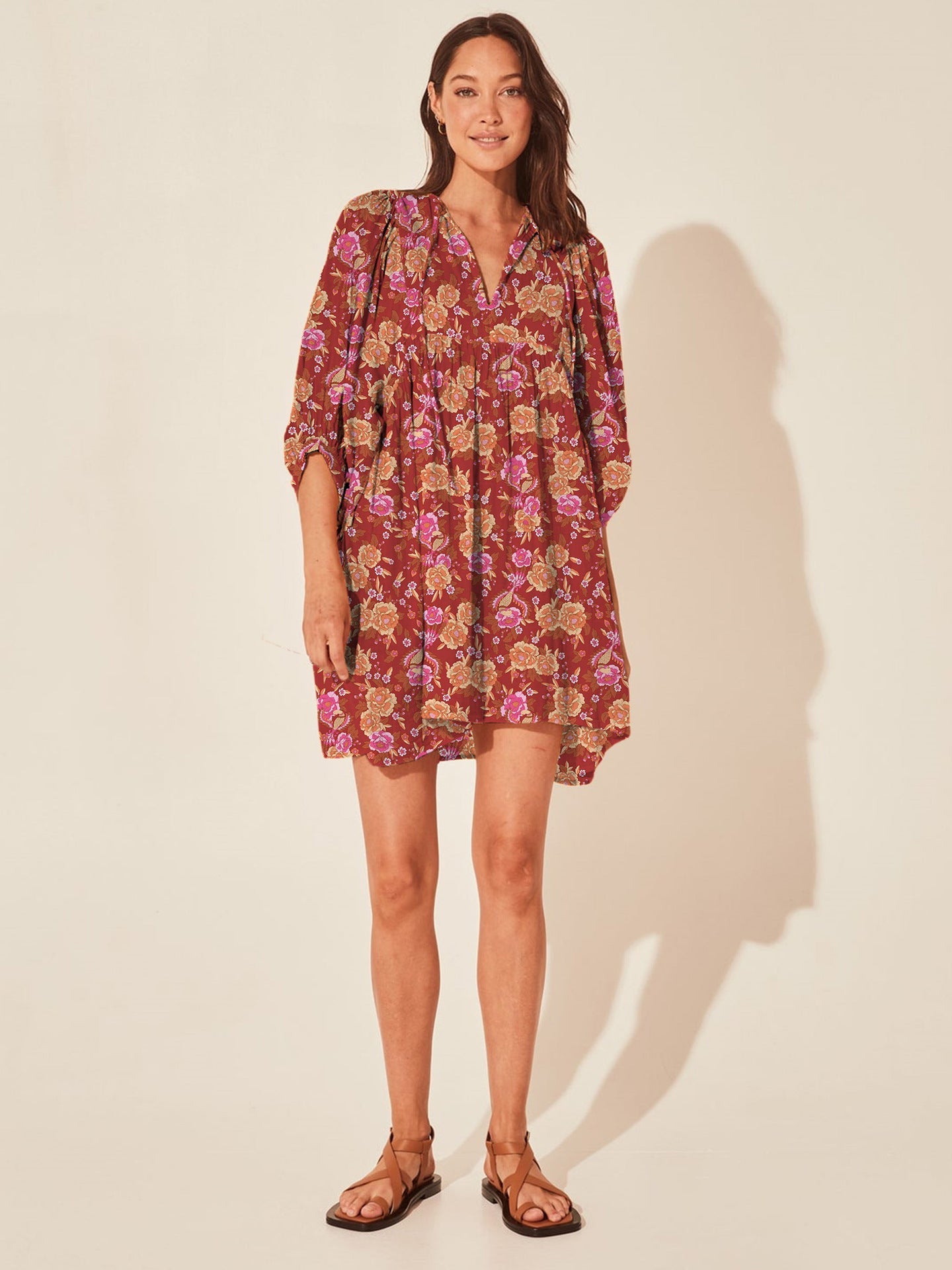 Floral Print Casual Dress with Tie Waist and Half Placket