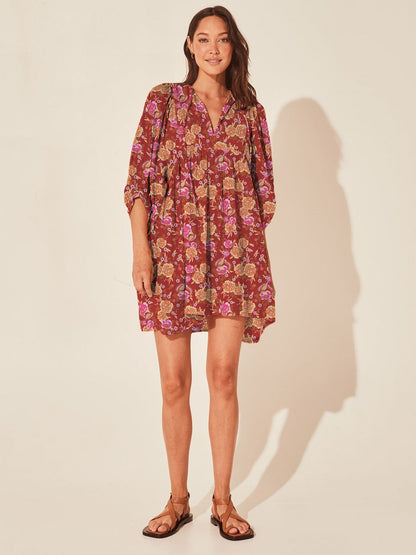 Floral Print Casual Dress with Tie Waist and Half Placket