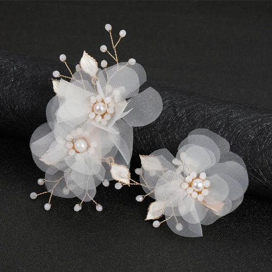 Bridal Wedding Hair Accessories Beige Organza Flower Leaf Alloy Hair Clips Set