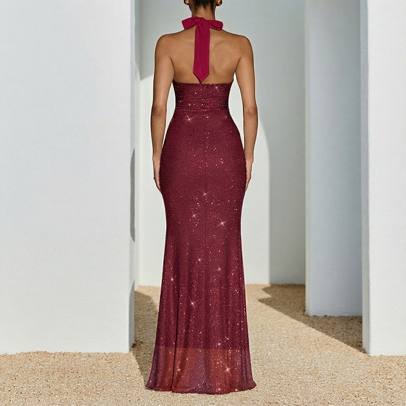 Backless Maxi Dress Sexy Halter Neck Polyester Casual Dress