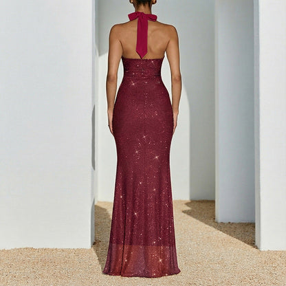 Backless Maxi Dress Sexy Halter Neck Polyester Casual Dress