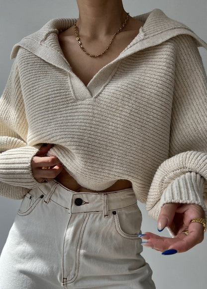 Oversized Ribbed Knit Sweater With Collar