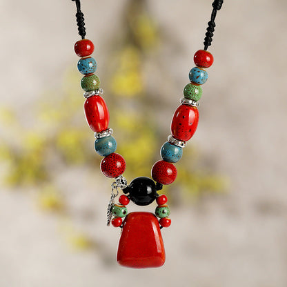 Retro Ethnic Style Ceramic Necklace For Women'S Simple Collar Chain Versatile Red Pendant Long Sweater Chain Pendant Accessories