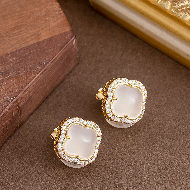 Elegant Gold Clover Clip-On Earrings With Rhinestones