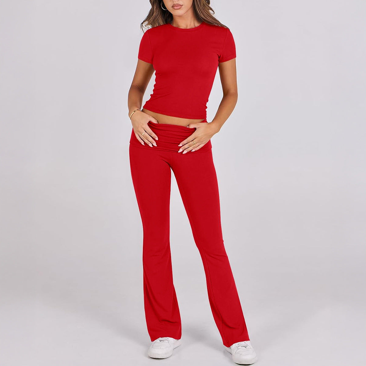 Casual Solid Color Slim Fit T-Shirt and Pants Set